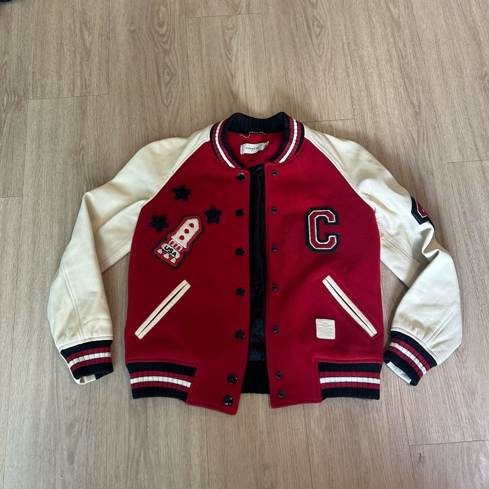 Coach Red and Cream Leather Varsity Jacket